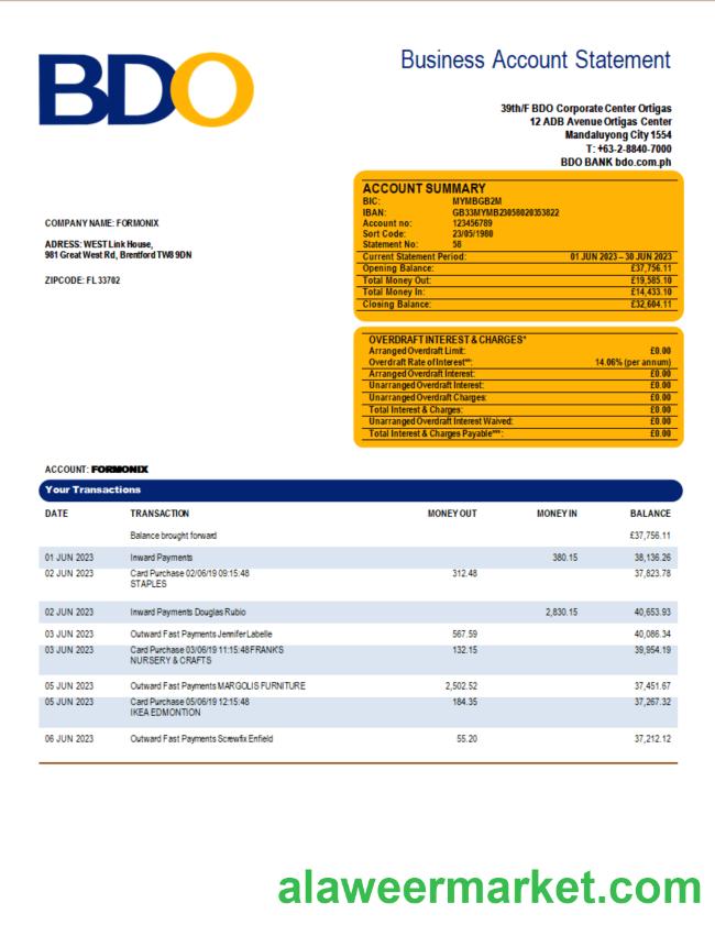 BDO Bank organization statement Word and PDF template